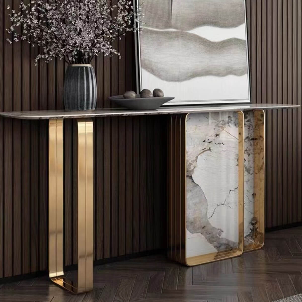 Left side view of Easton console table with titanium stainless steel frame and luxury stone top