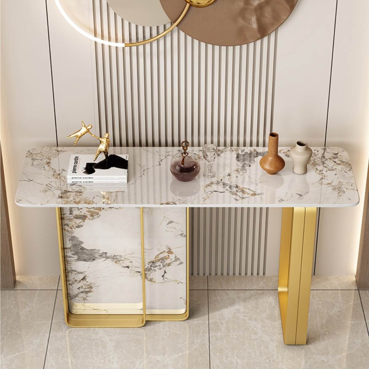 Top view of Easton console table with titanium stainless steel frame and luxury stone top