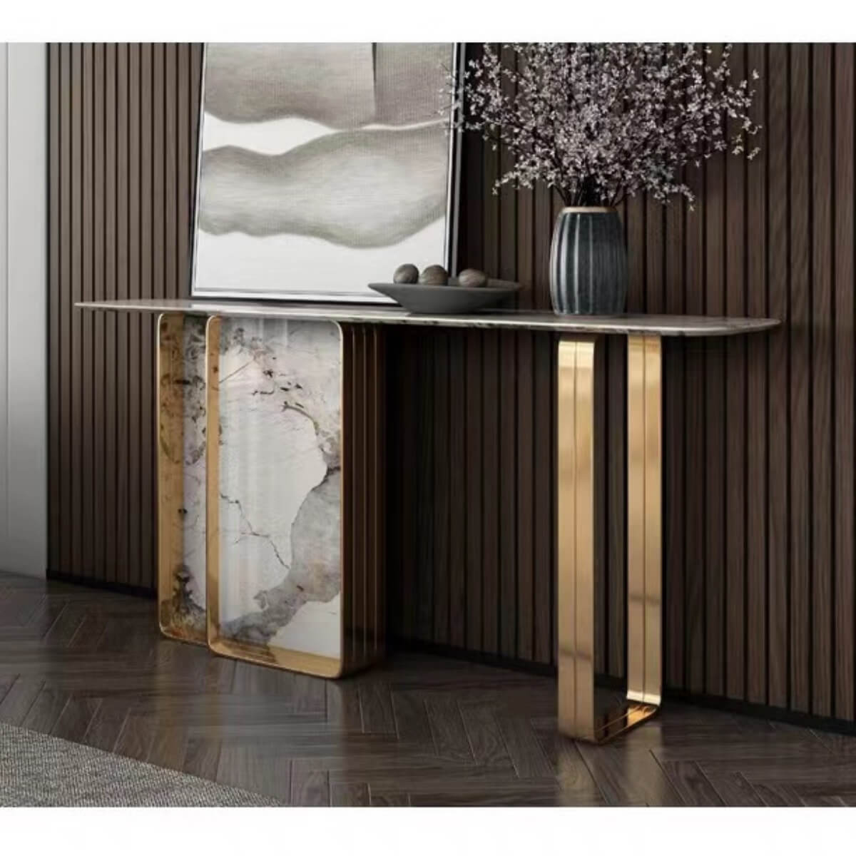 Side view of Easton console table with titanium stainless steel frame in elegant Australian interior