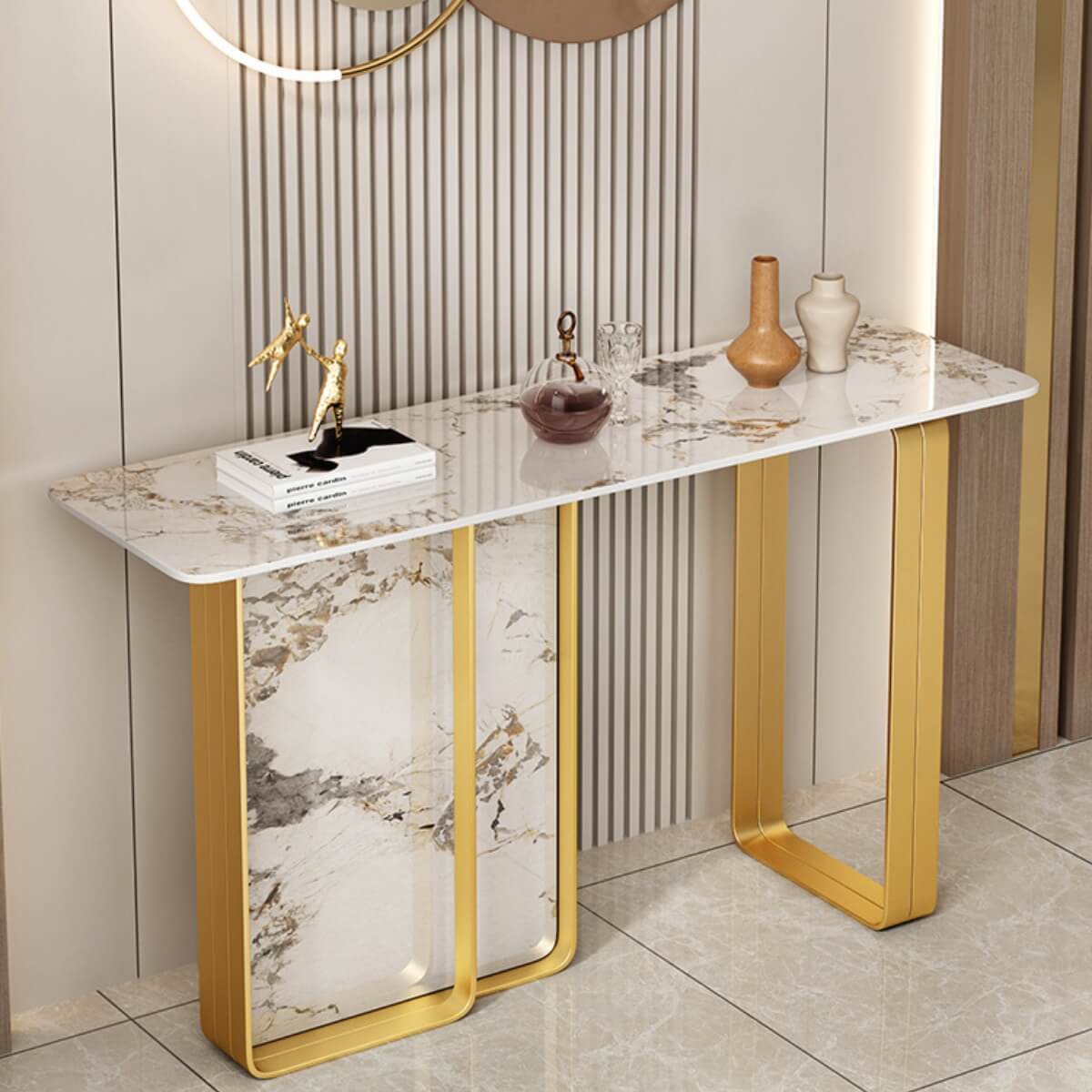Side view of Easton console table featuring titanium stainless steel frame in elegant interior
