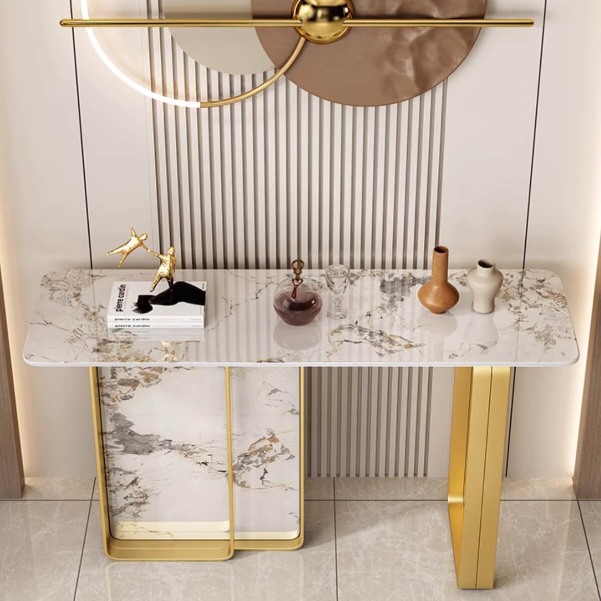 Top view of Easton console table with titanium stainless steel frame and luxury stone top