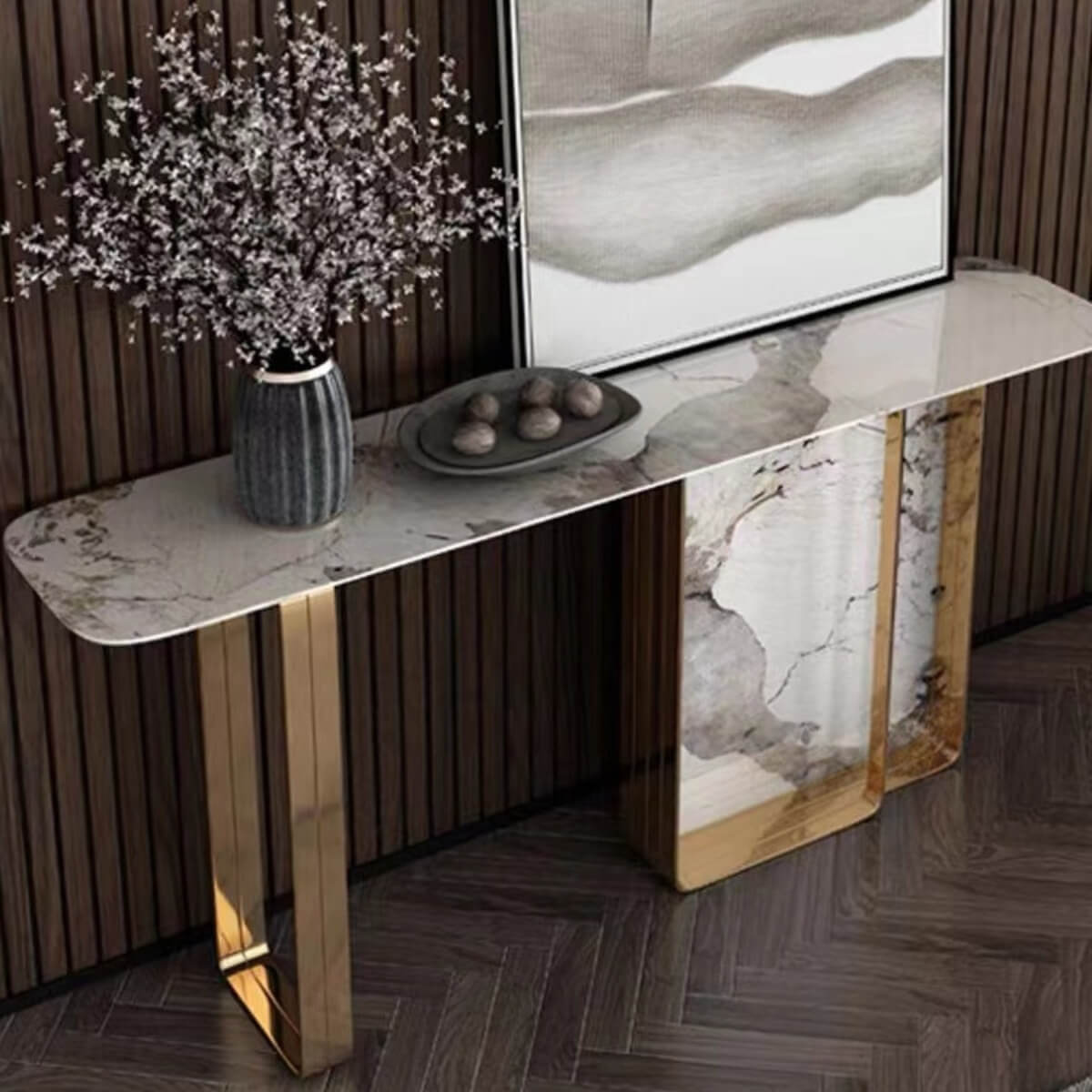 Side top view of Easton console table with titanium stainless steel frame and luxury stone top