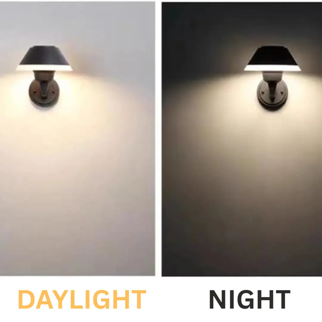 ECHO LED Wall Light – Day and night view showcasing energy-efficient lighting for both daytime ambiance and nighttime illumination.