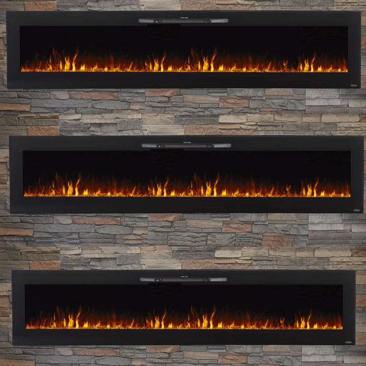 Eclipse Home 100-Inch Electric Fireplace Front View – modern electric fireplace with sleek black design and realistic flame effects for stylish living spaces.