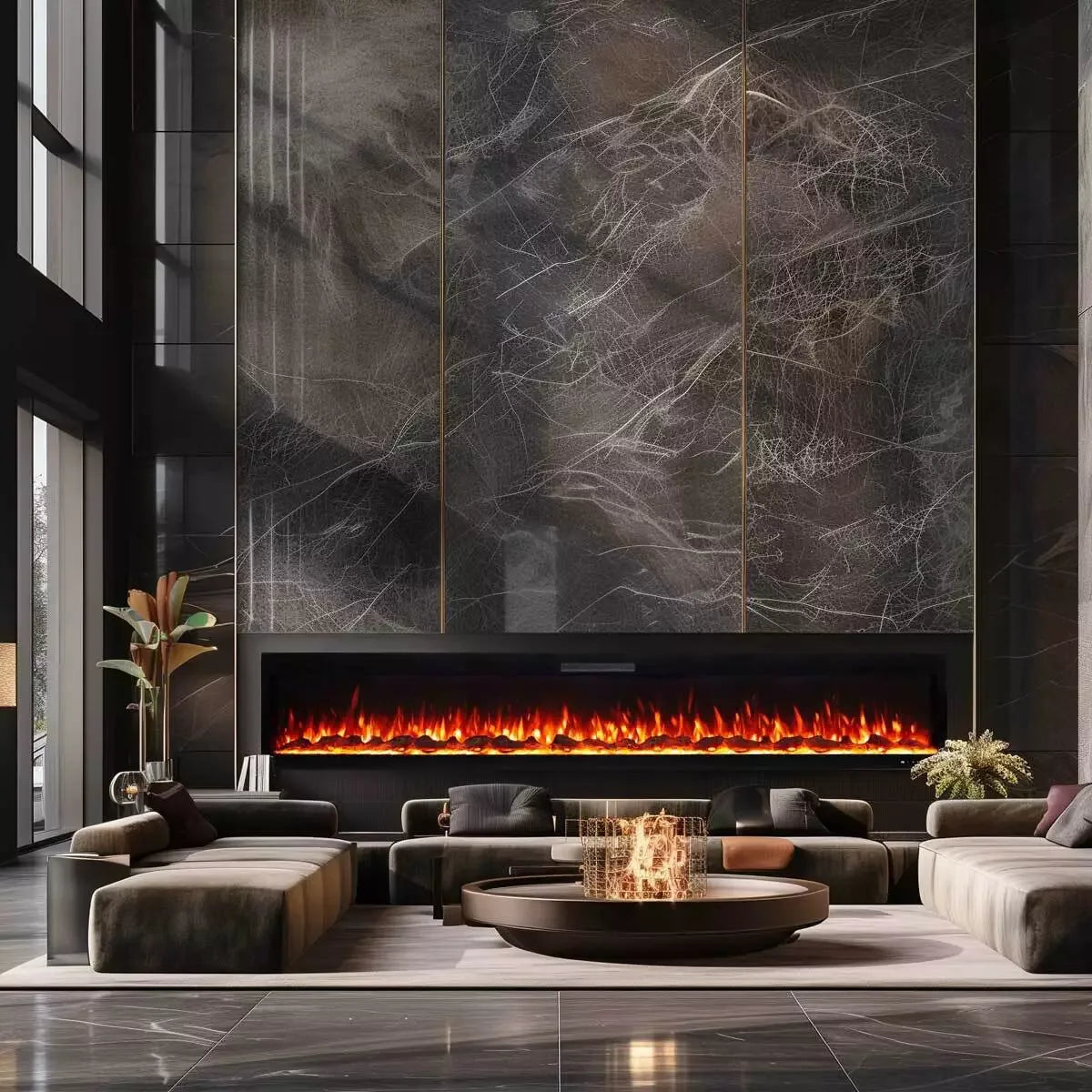 Front view of Eclipse Home modern 100-inch electric fireplace displaying all available flame color options in a sleek contemporary design
