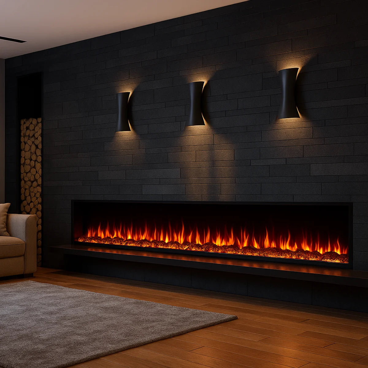  Eclipse Home 100-inch electric fireplace with multi-color flames, luxury heating for elegant spaces.