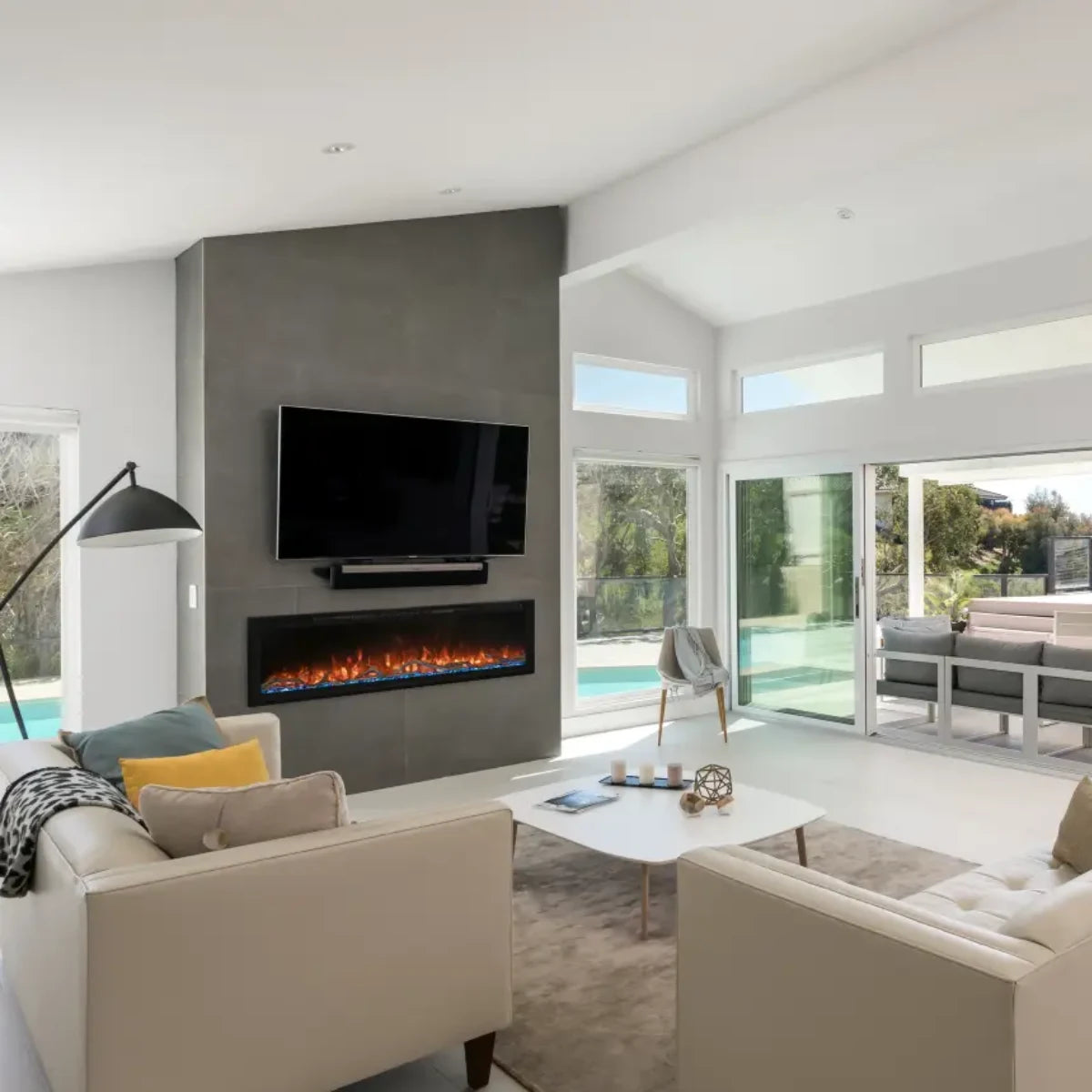 Eclipse Home 100-inch electric fireplace with multi-color flames, modern design for home heating.