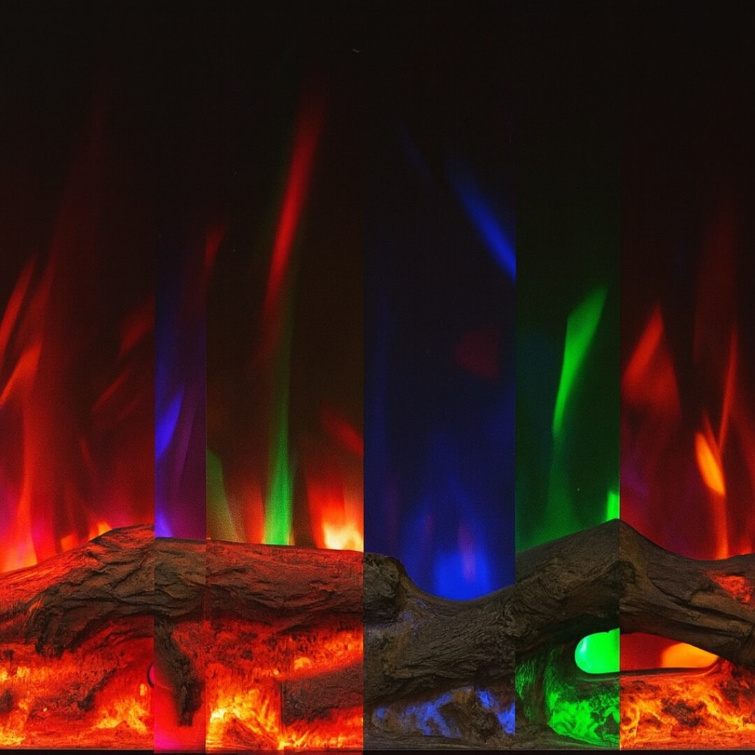 Detail view of Eclipse Home 50-inch electric fireplace with color-changing flame feature