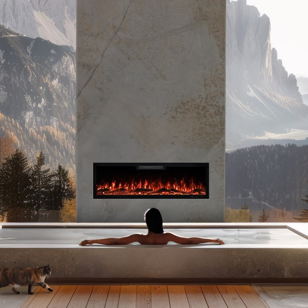 Front view of Eclipse Home 50-inch electric fireplace in a space overlooking the swimming pool