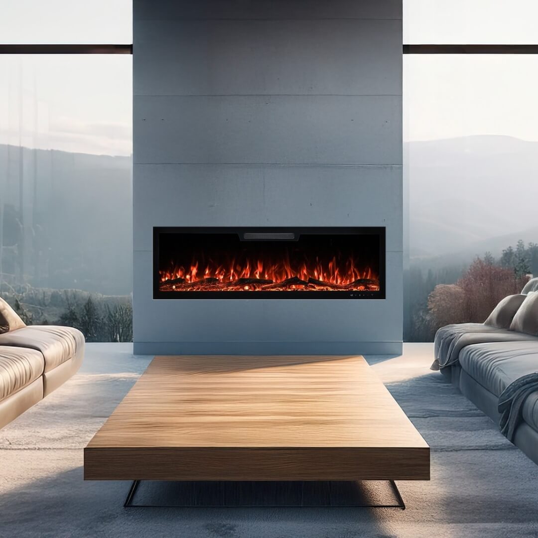 Front view of Eclipse Home 50-inch electric fireplace in a cozy living room space