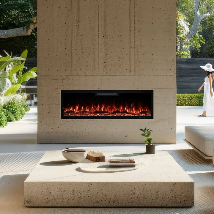 Front view of Eclipse Home 50-inch electric fireplace in a stylish living area