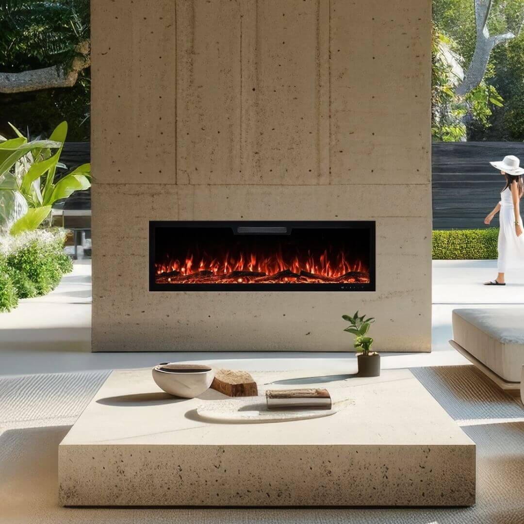 Front view of Eclipse Home 50-inch electric fireplace in a stylish living area