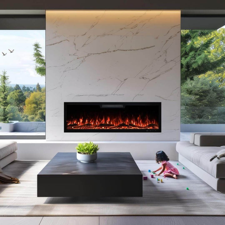 Front view of Eclipse Home 50-inch electric fireplace in a living room with a child playing