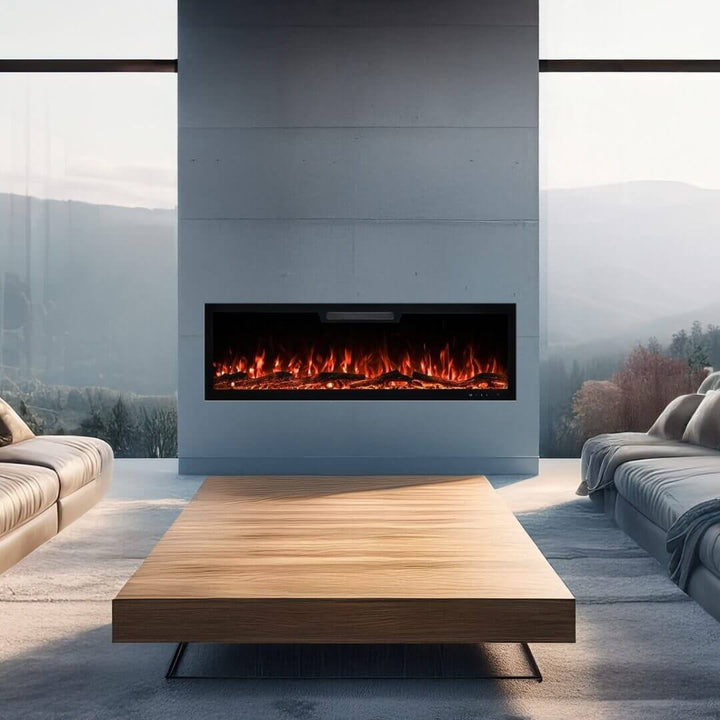 Front view of Eclipse Home 50-inch electric fireplace in a modern living room