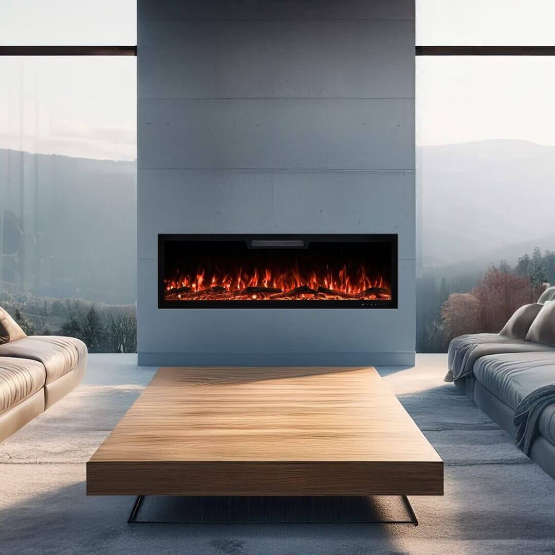 Front view of Eclipse Home 50-inch electric fireplace in a modern living room