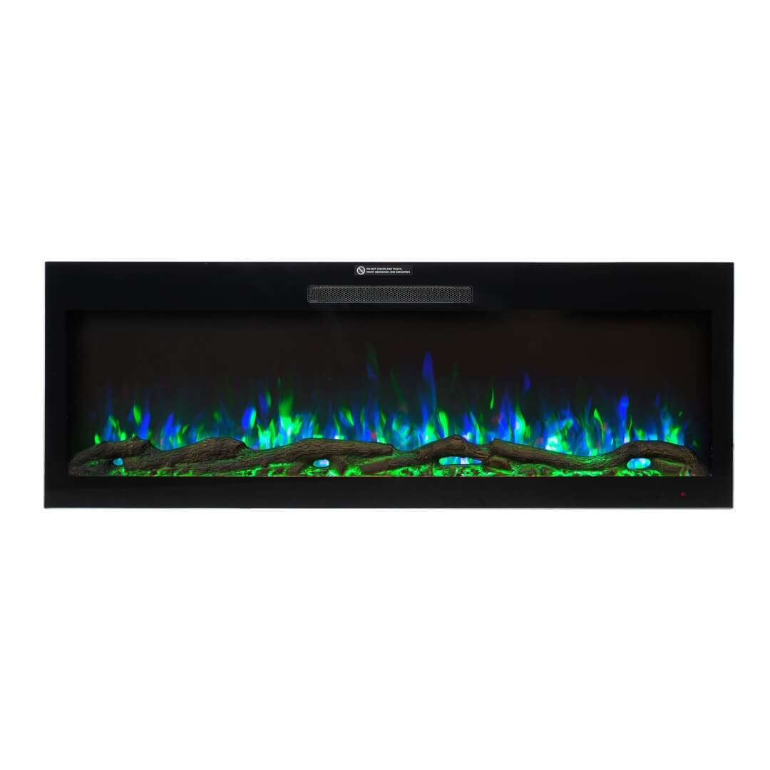 Front view of Eclipse Home 50-inch electric fireplace in a stylish living room