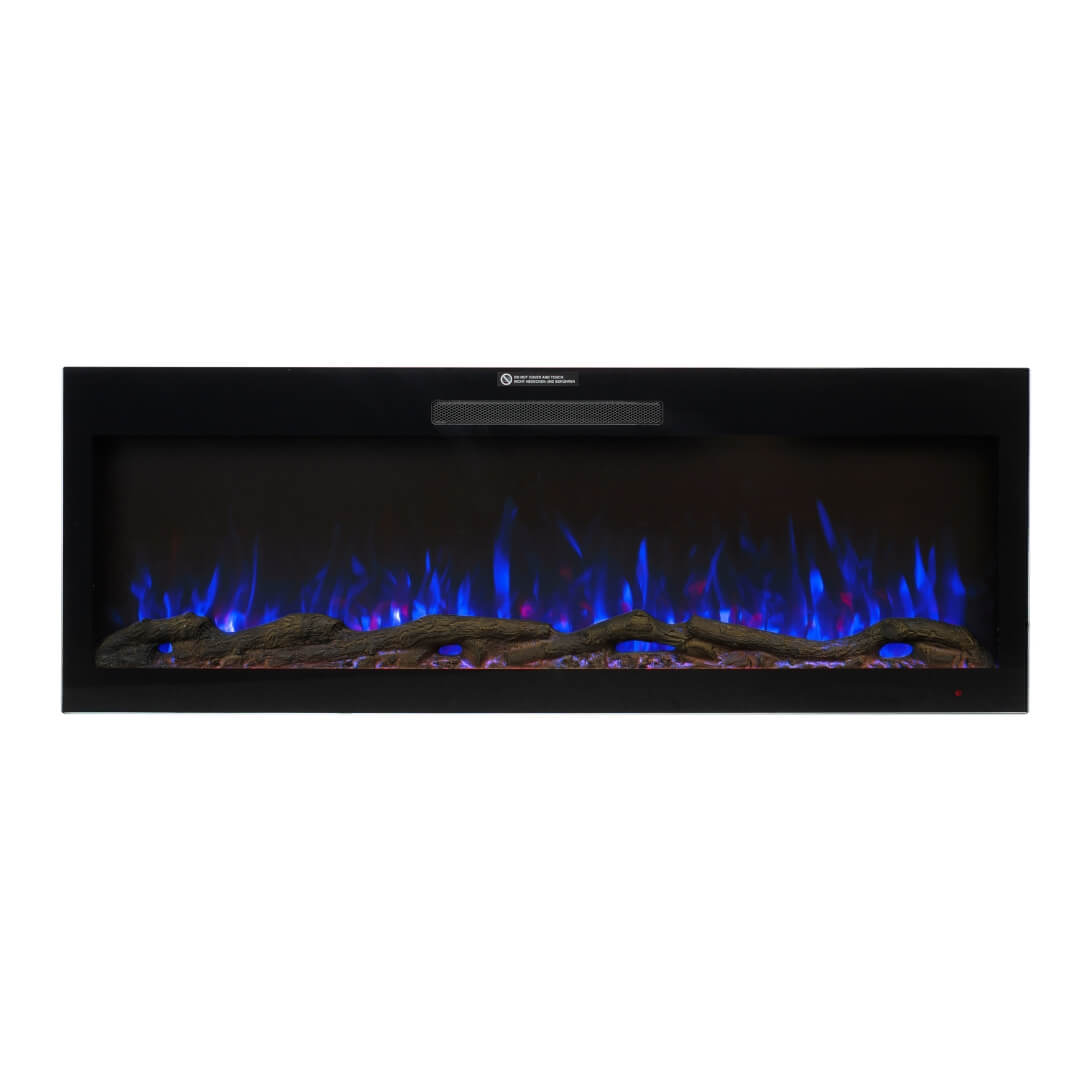 Front view of Eclipse Home 50-inch electric fireplace with blue flame feature