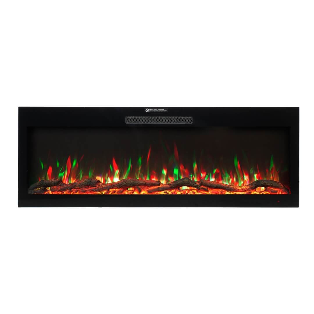 Front view of Eclipse Home 50-inch electric fireplace with red and green flame feature
