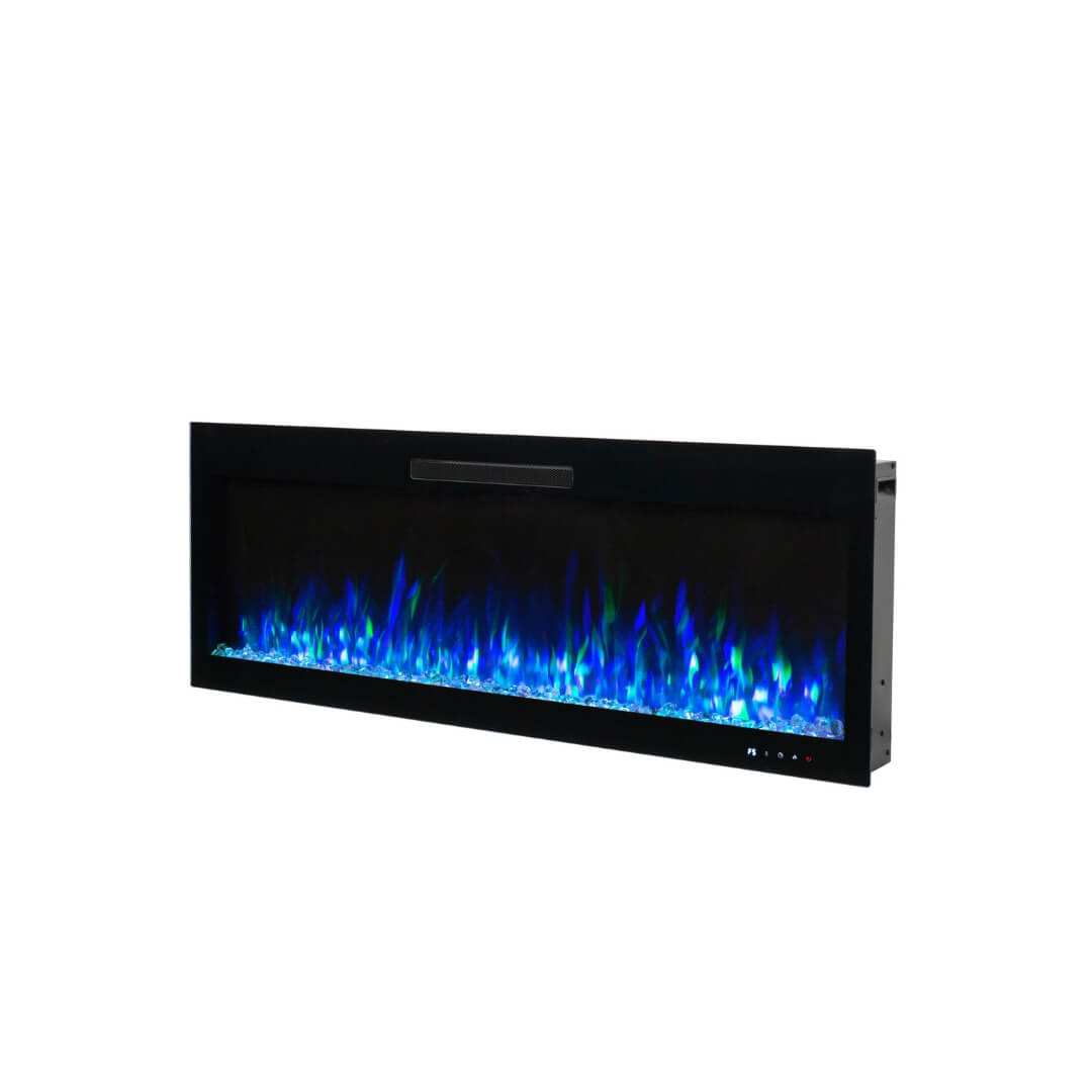 Side view of Eclipse Home 50-inch electric fireplace in a contemporary living space