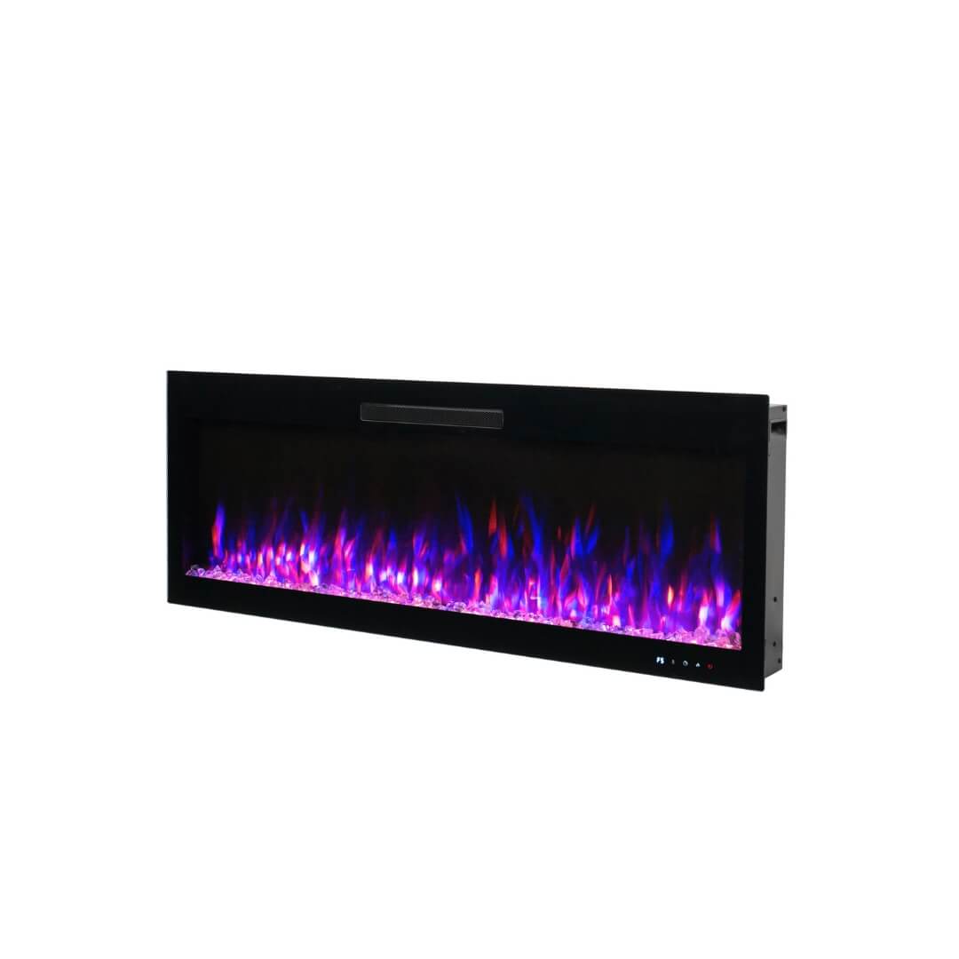 Side view of Eclipse Home 50-inch electric fireplace with purple flame feature