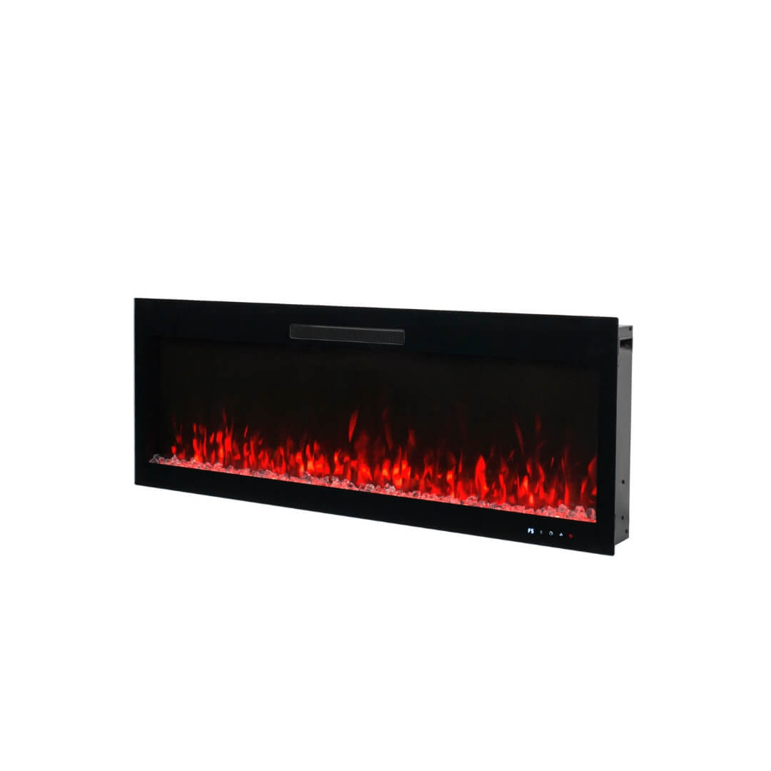 Side view of Eclipse Home 50-inch electric fireplace with red flame feature