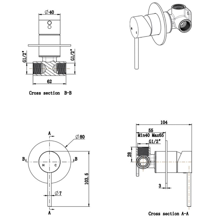Technical diagram of Eclipse Home round shower mixer showing dimensions, installation details, and component layout