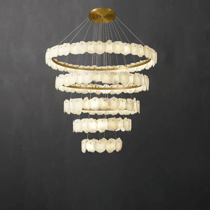 Ecliptica spiral alabaster chandelier luxury lighting with five-tier marble rings shown in front view