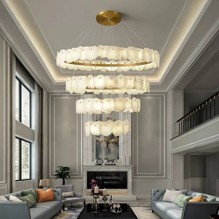 Ecliptica spiral alabaster chandelier luxury lighting enhancing a living room with elegant design