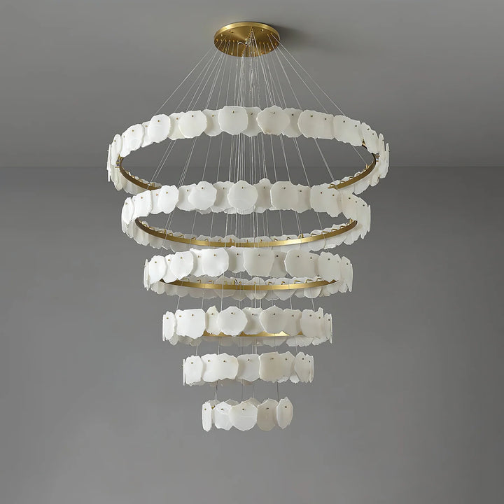 Ecliptica spiral alabaster chandelier luxury lighting with a front view showcasing modern elegant design