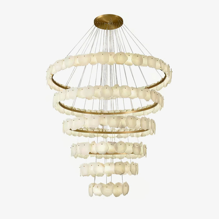 Ecliptica spiral alabaster chandelier luxury lighting with a six-layer ring design shown in front view