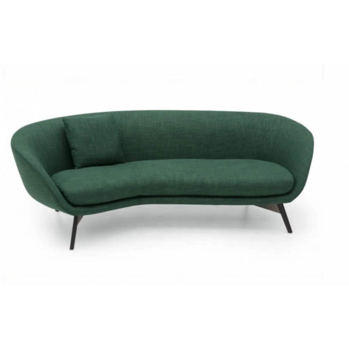 Angled view of EcoChaise lounge chair with cotton linen fabric and modern curved design