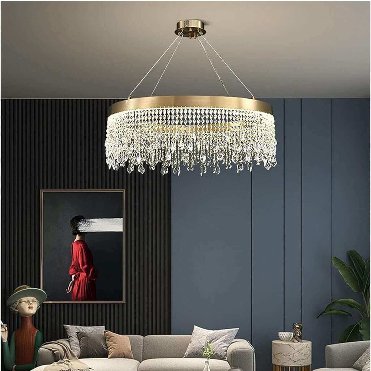 Effulgent round crystal chandelier elegantly illuminating an Australian living room with luxurious ambiance