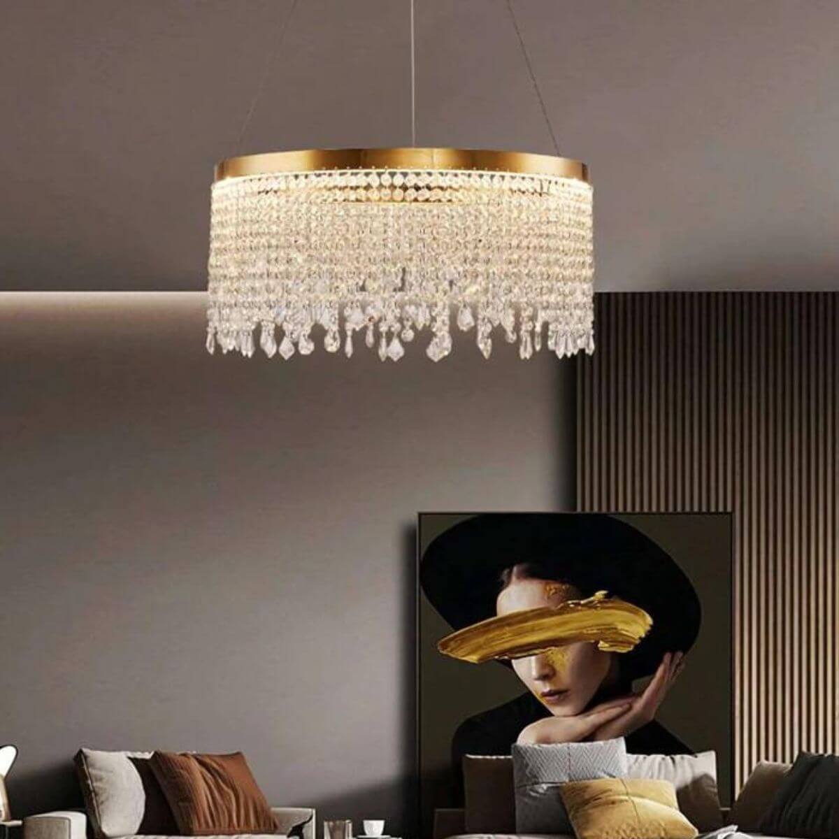 Effulgent round crystal chandelier in Australian living room, adding luxurious sparkle and modern elegance