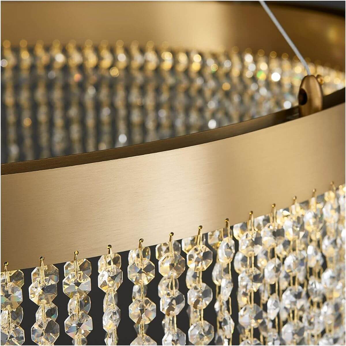 Detailed view of Effulgent round crystal chandelier showcasing high-quality crystals and intricate design