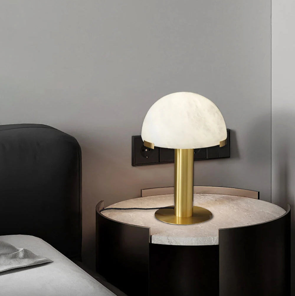 Elegance alabaster table lamp bedside view, modern lighting decor for stylish bedroom interiors