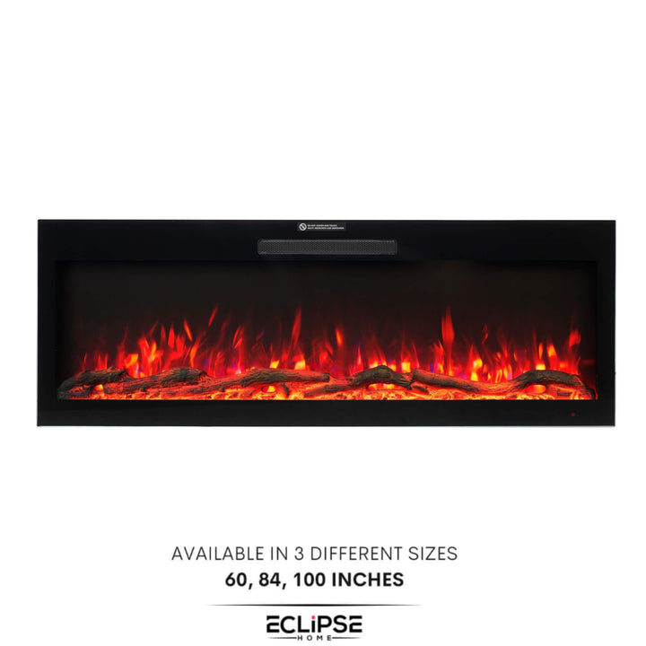 84-inch electric fireplace with sleek modern design, featuring realistic flame effects and integrated into an elegant interior setting
