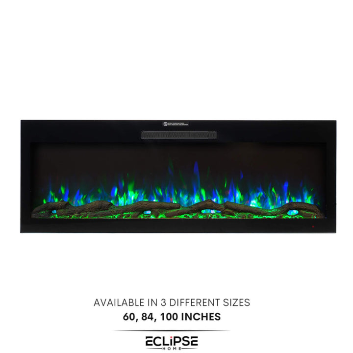 84-inch electric fireplace with sleek modern design, featuring realistic flame effects and integrated into an elegant interior setting