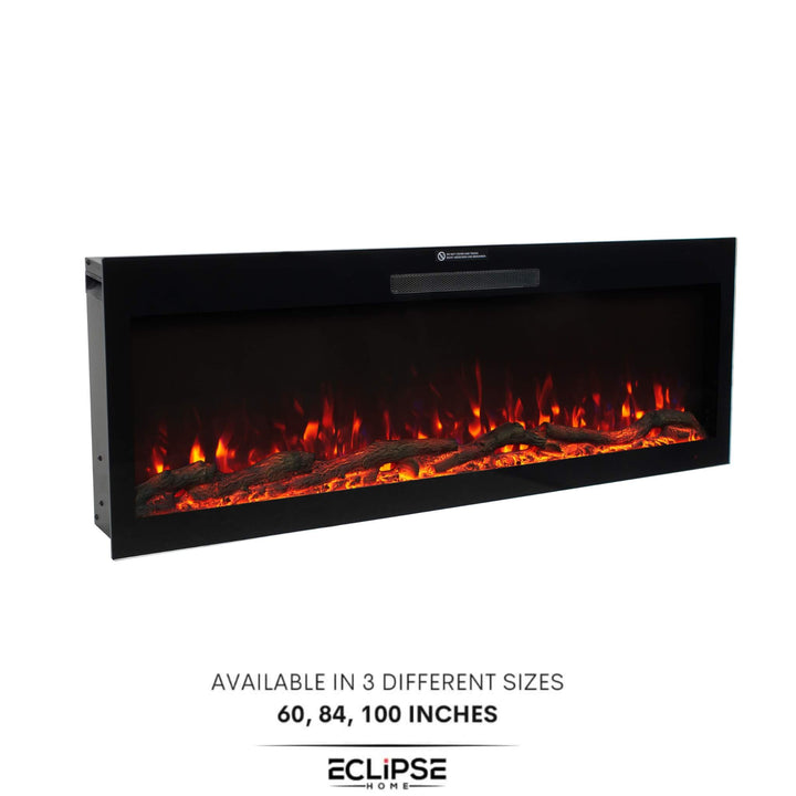 84-inch electric fireplace integrated into an elegant interior, featuring modern design with vibrant flame display and minimalist finish