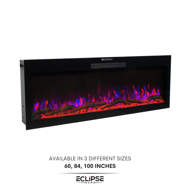 84-inch electric fireplace integrated into an elegant interior, featuring modern design with vibrant flame display and minimalist finish