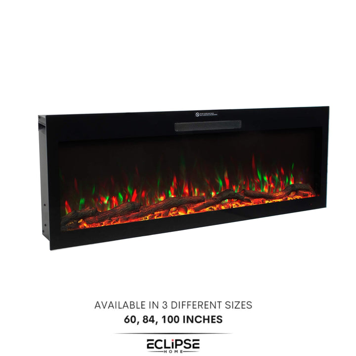 84-inch electric fireplace integrated into an elegant interior, featuring modern design with vibrant flame display and minimalist finish