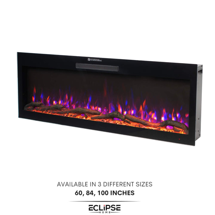 84-inch electric fireplace integrated into an elegant interior, featuring modern design with vibrant flame display and minimalist finish