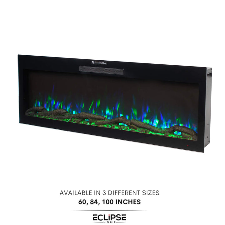 84-inch electric fireplace integrated into an elegant interior, featuring modern design with vibrant flame display and minimalist finish