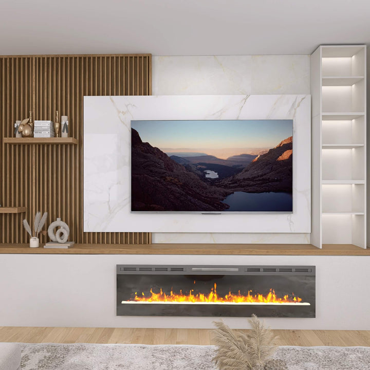 84-inch electric fireplace installed below wall-mounted TV in a modern living room, creating a warm and elegant focal point