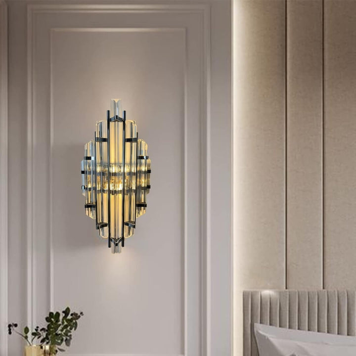 Eclipse Home Champion wall light with warm illumination mounted on transparent black glass, enhancing elegant living room ambiance