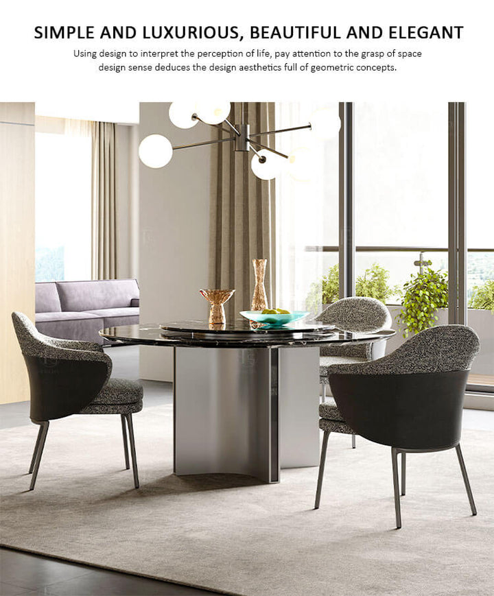 Elegant round dining table with custom natural stone top featuring soft colors and visual balance, supported by brushed metal feet for a luxurious and artistic look