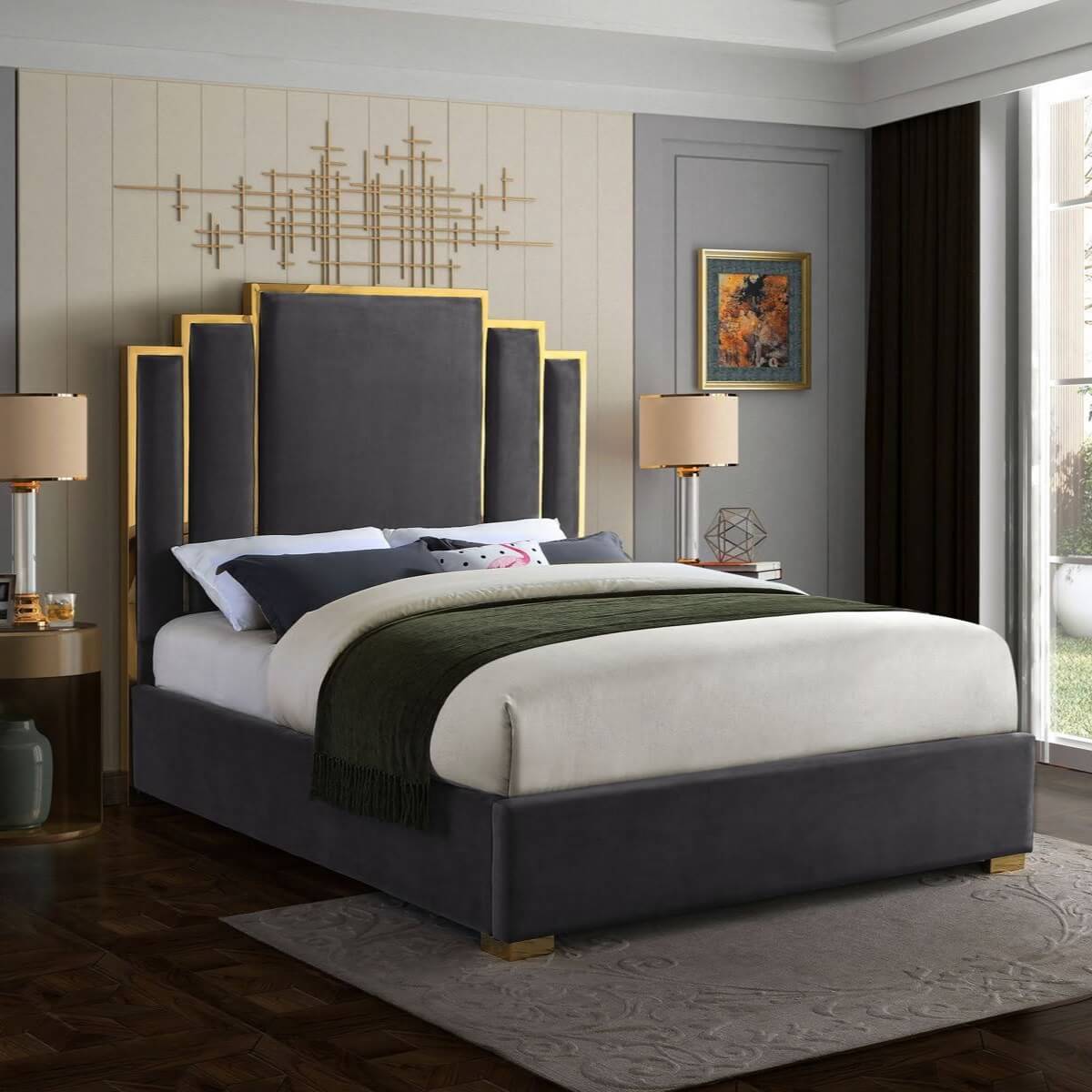 Side view of Elegant Midnight Whispers velvet bed showcasing plush upholstery and modern frame design