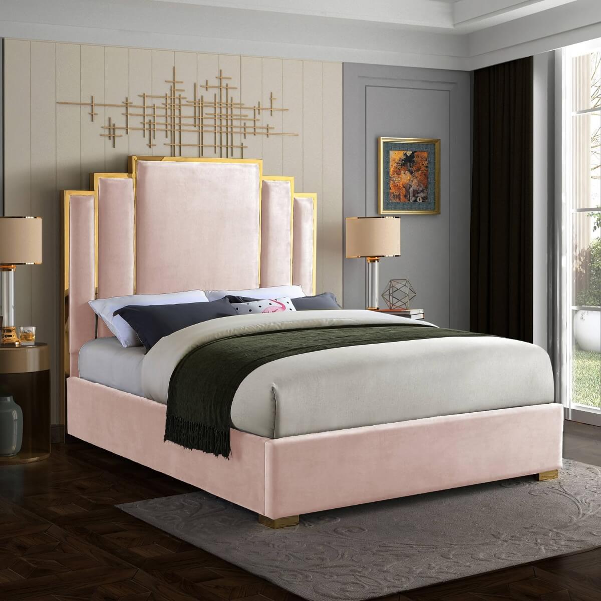 Side view of Elegant Midnight Whispers velvet bed featuring plush velvet fabric and sleek modern frame