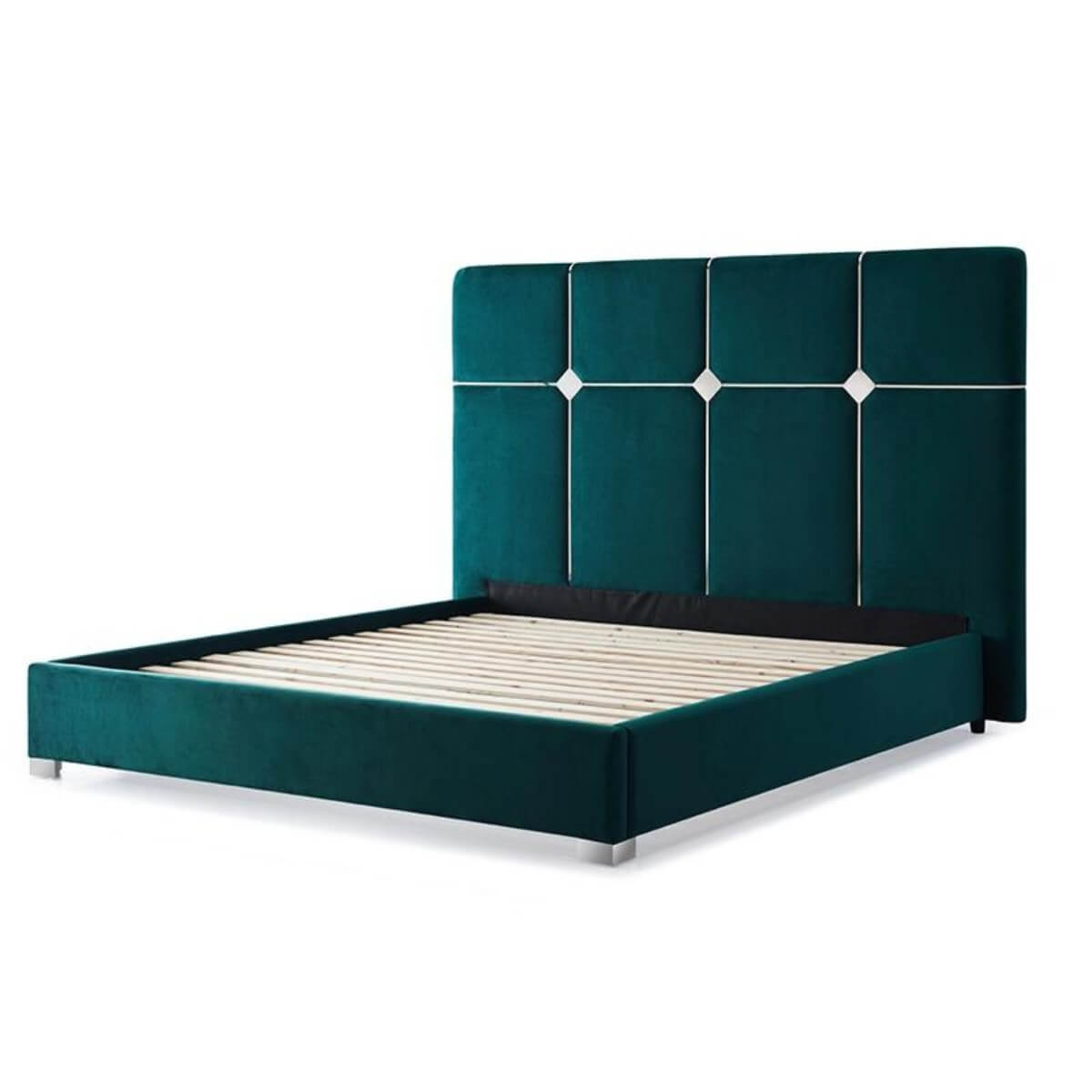 Side view of Elegant Stellarsnooze velvet KB46 1.8M bed frame without mattress, featuring plush velvet upholstery and modern design