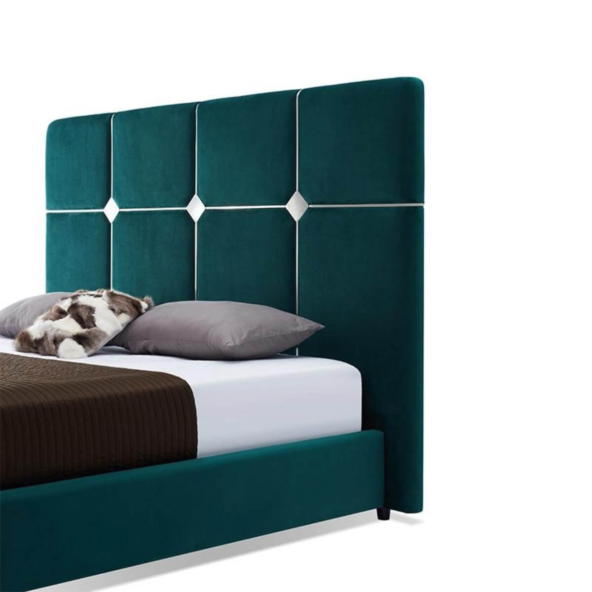 Side headboard view of Elegant Stellarsnooze velvet KB46 1.8M bed featuring tufted velvet upholstery and sleek modern design