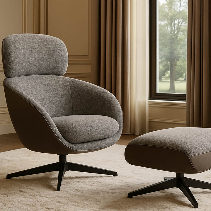 Front angle view of Elite Comfort swivel chair showcasing modern lounge design with padded cushions and swivel base